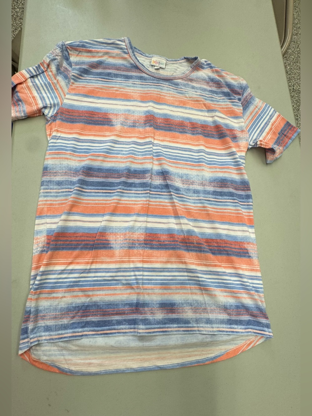 LuLaRoe Women's Orange, Blue and White Striped Liv Tee Top shirt